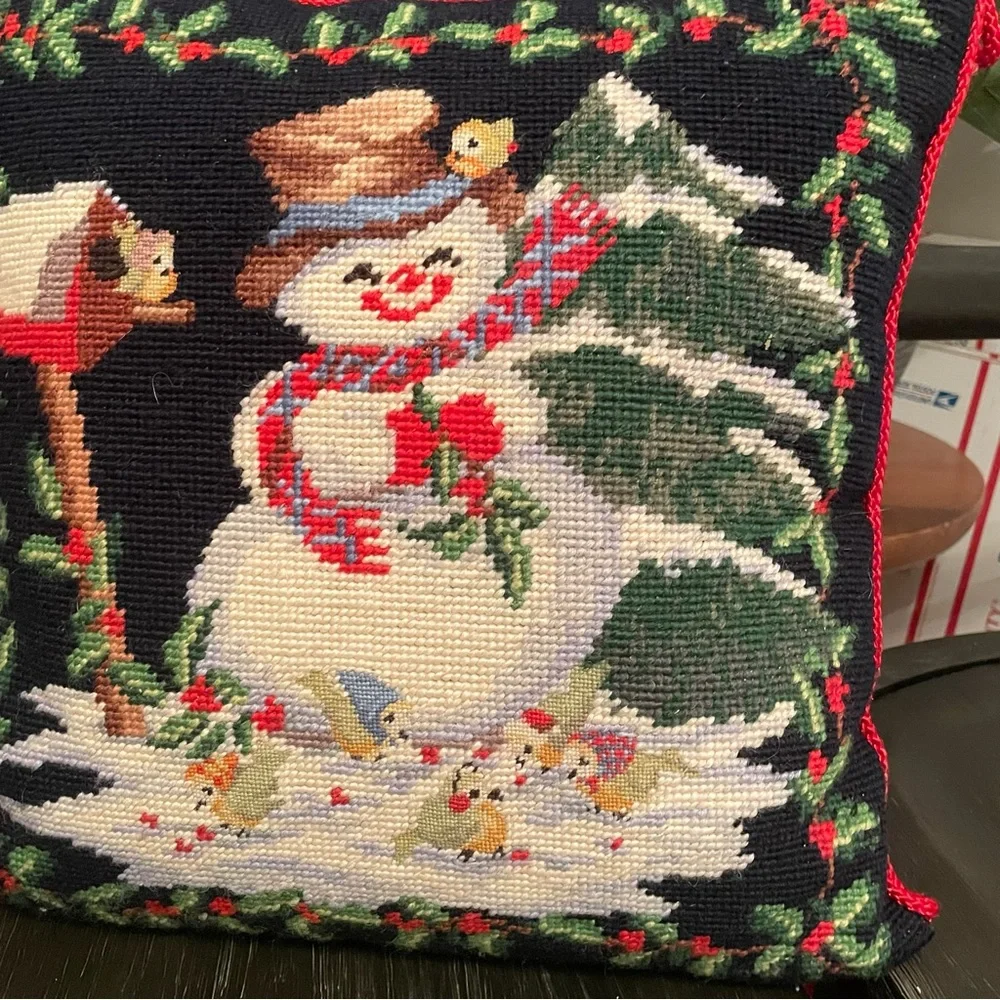 100% Wool Handmade Needle Point  snowman Pillow Christmas 13x13”